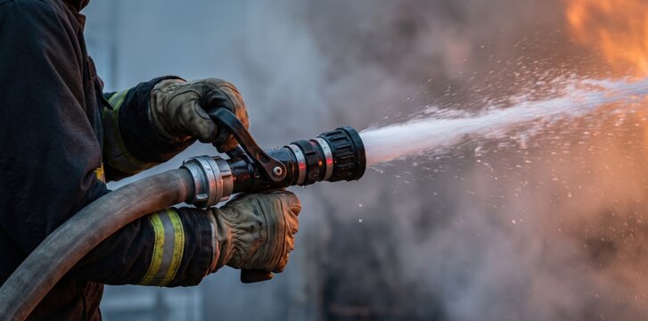 Firefighter in protective gear holding a high-pressure hose, spraying a powerful stream of water into thick gray smoke and orange flames during an emergency response operation