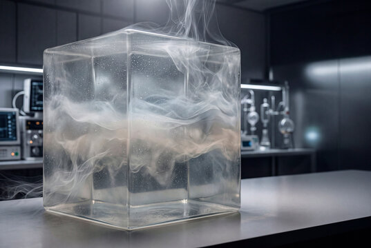 Cubo trasparente con vapori sospesi in ambiente di laboratorio. Un&rsquo;immagine che evoca dinamiche dei gas, condensazione, comportamento atmosferico e processi scientifici controllati.