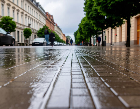Vista ravvicinata a livello del marciapiede bagnato dalla pioggia, con pedoni sfocati sullo sfondo lungo un viale alberato di una citt&agrave; europea. Concetto di pioggia urbana e vita quotidiana in citt&agrave;.