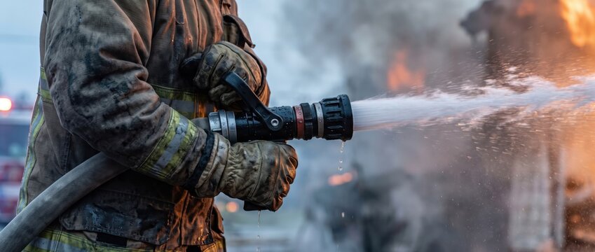 Firefighter in protective gear holding a hose nozzle, spraying a powerful stream of water at a burning building with thick smoke and flames in the background