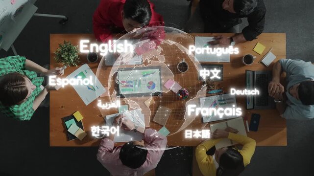 A diverse group of professionals collaborates on a global language web design project in a modern office, showcasing creativity and technology through discussion and planning. Raster