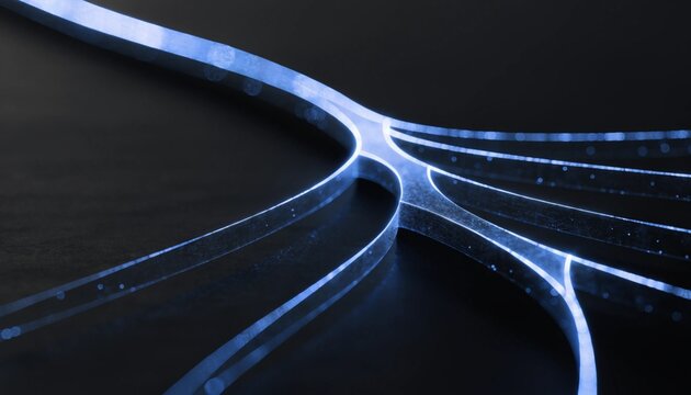 Version Control Branching Visualized as Flowing Light Paths, Software Development Workflow and Git Branch Management Concept