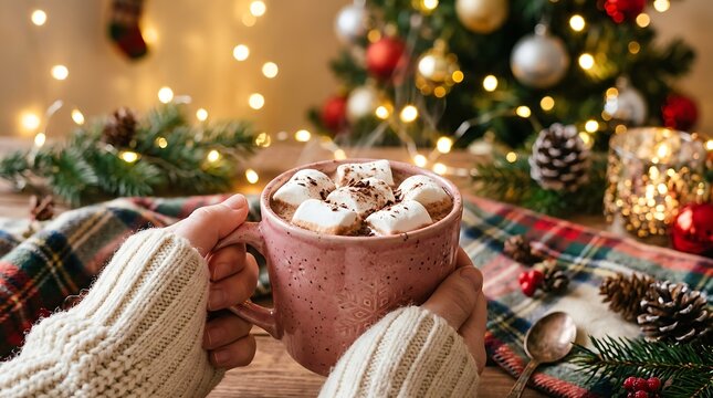 Person in warm sweater holding a mug of hot chocolate with fluffy marshmallows