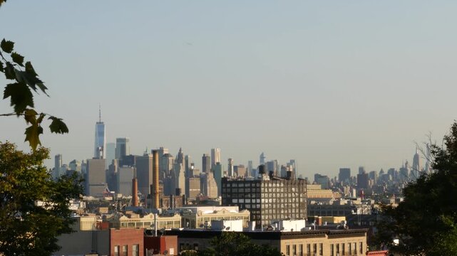 New York City Manhattan downtown financial district skyline, Brooklyn Sunset Park, United States of America. Urban cityscape with skyscraper buildings, World Trade Center from residential district