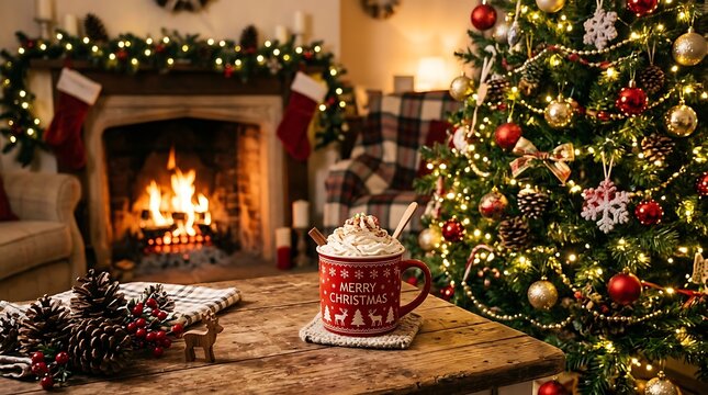 Ceramic mug of hot cocoa with marshmallows near a decorated christmas tree