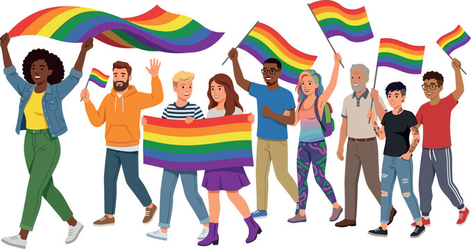 Diverse Group of People Marching in Pride Parade with Rainbow Flags and Banners for LGBTQ Community Freedom and Equality Vector Illustration