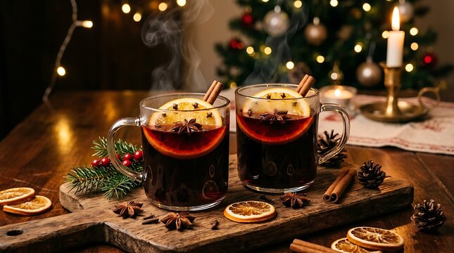 Two glass mugs of hot mulled wine garnished with orange slice star anise