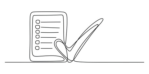 Continuous line drawing of a checklist and a check mark © Mr Ishan