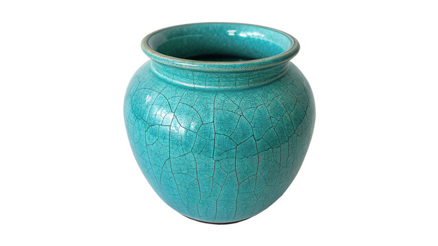 Round turquoise ceramic clay flower vase pot isolated on transparent background