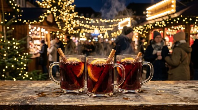 Three glass mugs of hot mulled wine on a wooden counter at a festive christmas