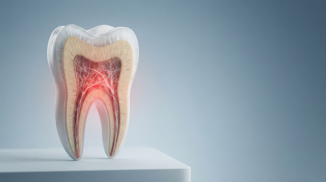 Dental anatomy medical model showing healthy tooth cross section with enamel dentin pulp and root canal detail on clean blue background for oral health education