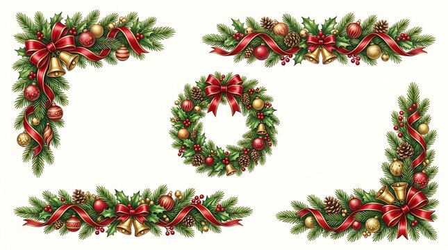 Set of festive christmas holiday borders and wreaths with christmas wreath