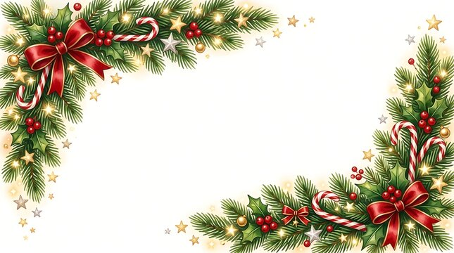 Elegant christmas corner borders with candy canes and red ribbons
