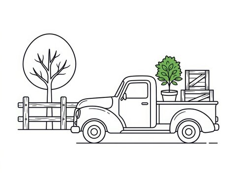 Vintage pickup truck carrying a potted plant and wooden crates near a fence and tree, vector illustration isolated on white background