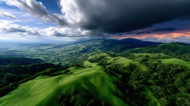 Aerial view of storm clouds over green hills, dramatic sky, lush landscape, vibrant, nature, scenic