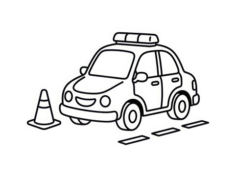 Cute cartoon police car with a traffic cone, simple black and white line art illustration for children coloring book page