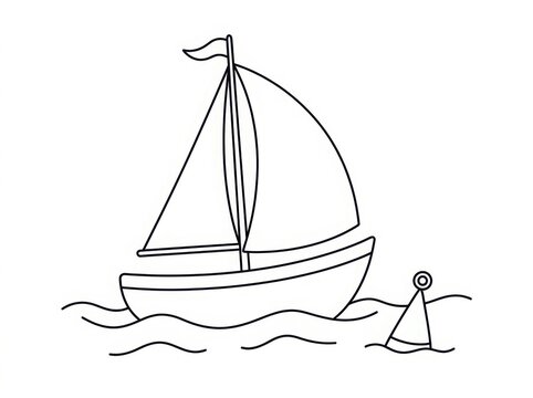 Simple line art illustration of a small sailboat floating on wavy water with a navigation buoy nearby, handdrawn style vector graphic
