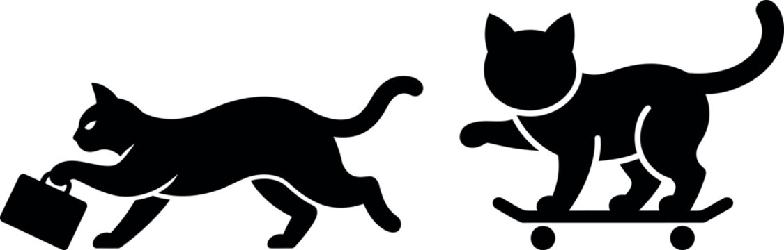 Black cat running with briefcase and skateboard