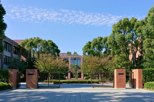 快晴の青空と緑が美しい歴史ある大学の正門と校舎