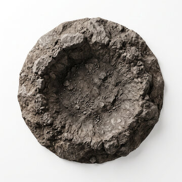 Crater isolated on white background, detailed rocky texture  