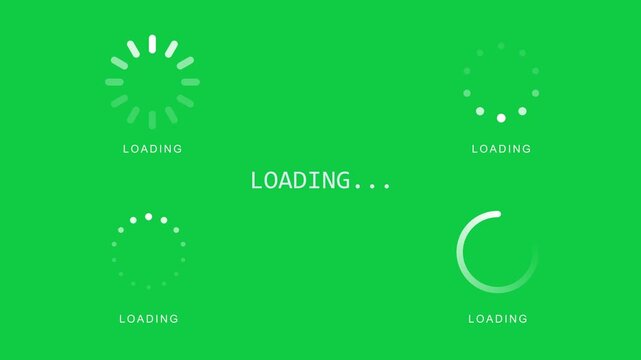 Animated looping white circular loading spinners and progress indicators set on green screen