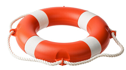 Orange and white striped plastic lifebuoy ring with attached white grab rope © Isadora