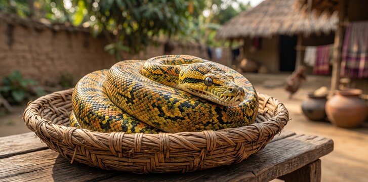 Large yellow reticulated python coiled inside a woven basket in a rural village setting