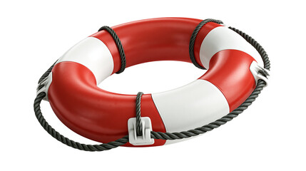 Red and white striped circular lifebuoy ring with black rope grab line © Isadora