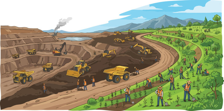 Illustration of Environmental Restoration and Mine Reclamation Process Transitioning from Industrial Mining to Green Reforestation