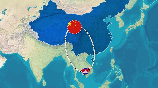 China and Cambodia Bilateral Relationship Map Animation Footage