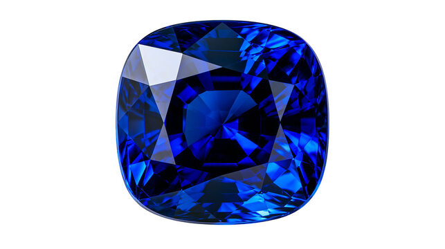 Cushion cut deep blue sapphire gemstone with faceted surface