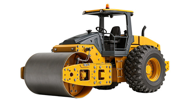Yellow heavy duty road roller compactor with large steel drum and rubber tires