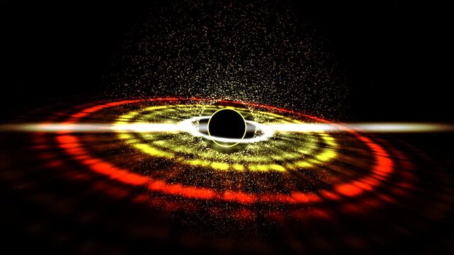 A cinematic 3D space animation featuring a massive black hole surrounded by a bright, glowing accretion disk, cosmic debris, and a powerful horizontal energy beam in deep space.