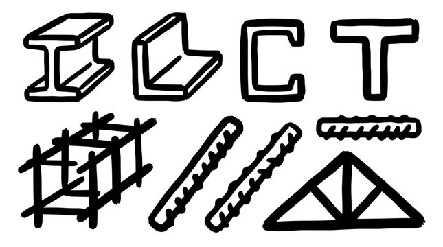 Hand drawn vector illustration set of construction steel profiles and rebar