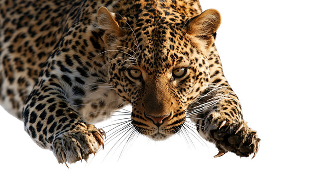 Leaping leopard with spotted fur and sharp claws in aggressive pouncing pose
