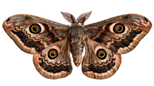Giant peacock moth with detailed brown patterned wings and prominent eyespots