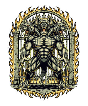 Fierce Three-Headed Monster Wolf Guarding Fiery Demonic Gate