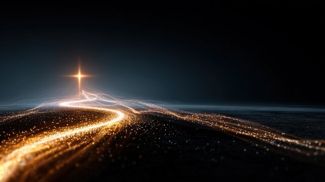 A glowing cross, symbolizing faith and hope, ascends above a winding path of golden light particles, set against a dark, ethereal backdrop. ..Created with Generative AI, not depicting real subjects.