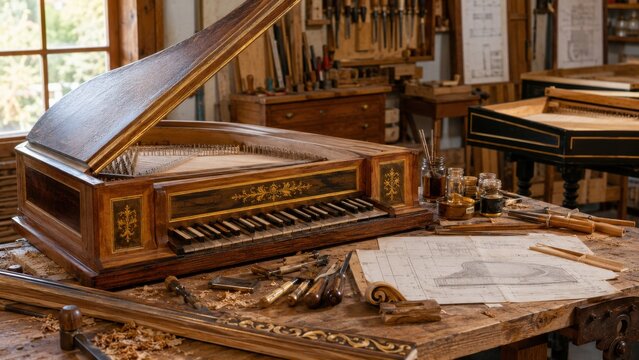 Detailed crafting process of a musical instrument takes place in a workshop filled with tools and plans during daylight hours