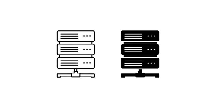 Server rack database hardware black and white icons for network infrastructure.