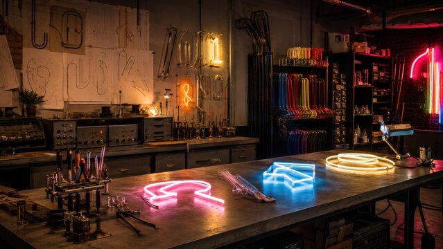 Light design workshop with various neon signs and tools on display during evening hours
