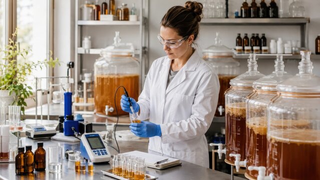 Scientist working in a lab with various liquids and testing equipment during daylight hours