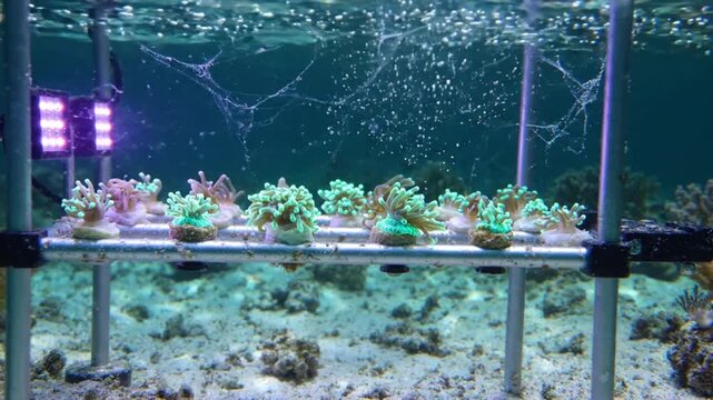 Coral frag rack with vibrant polyps under aquarium light underwater footage.