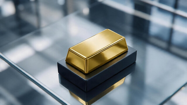 Single polished gold bullion bar displayed on a black pedestal against a softly blurred metallic background, representing luxury, wealth, investment, financial stability, value, and precious assets.