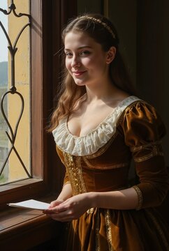 Beautiful Renaissance Woman in Velvet Vintage Dress Holding Letter by Window