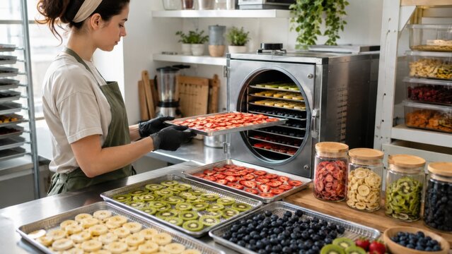 Worker prepares trays of sliced fruits for drying inside a food dehydrator in a kitchen during daylight hours