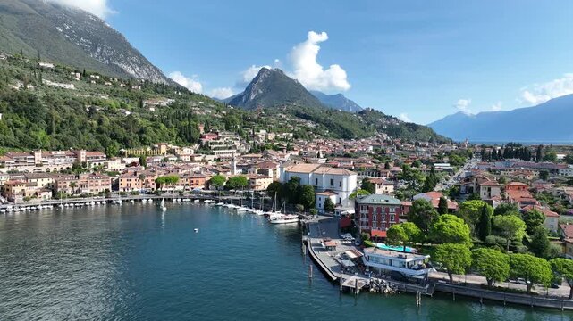 Aerial view of Lake Garda, Toscolano-Maderno, Chiesa dei Santi Faustino e Giovita - Monte Maderno, Province of Brescia, Lombardy, Italy