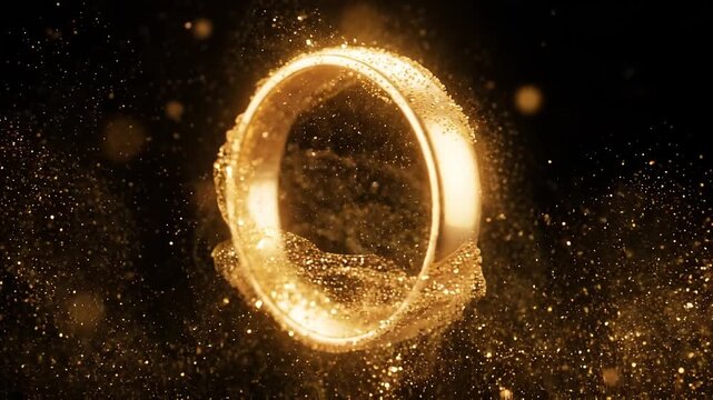 Circular frame made of shimmering gold dust particles with a glowing magical effect and luxury texture on black background