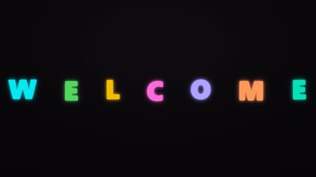Multicolor neon kinetic typography featuring the word WELCOME with individually colored letters entering in sequence, luminous glow, subtle elastic settling and a seamless loop on a static dark backgr