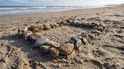 Obraz premium Empty Pebble Border on Ocean Coast Sand with Blurred Water Horizon